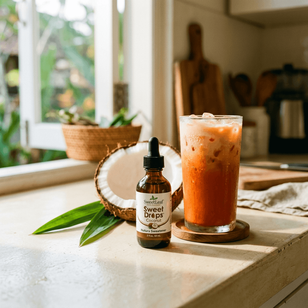 SweetLeaf Sweet Drops Coconut 2 oz dropper bottle on a sunlit kitchen counter beside a glass of iced Thai tea and a halved fresh coconut