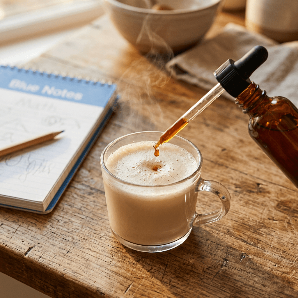 English toffee liquid stevia drops being added to a mug of warm hazelnut almond milk on a kitchen counter — SweetLeaf Sweet Drops review by Jen B.