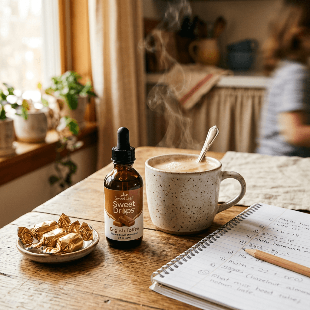 SweetLeaf Sweet Drops English Toffee dropper bottle beside a mug of hazelnut almond milk coffee on a family breakfast table