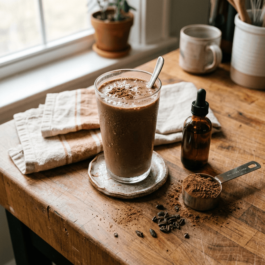 Chocolate protein smoothie made with SweetLeaf Sweet Drops Chocolate liquid stevia on a home kitchen counter