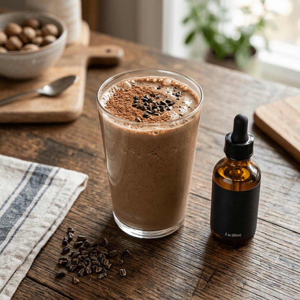 SweetLeaf Sweet Drops Chocolate liquid stevia 2 oz dropper bottle next to a chocolate protein smoothie on a wooden kitchen counter