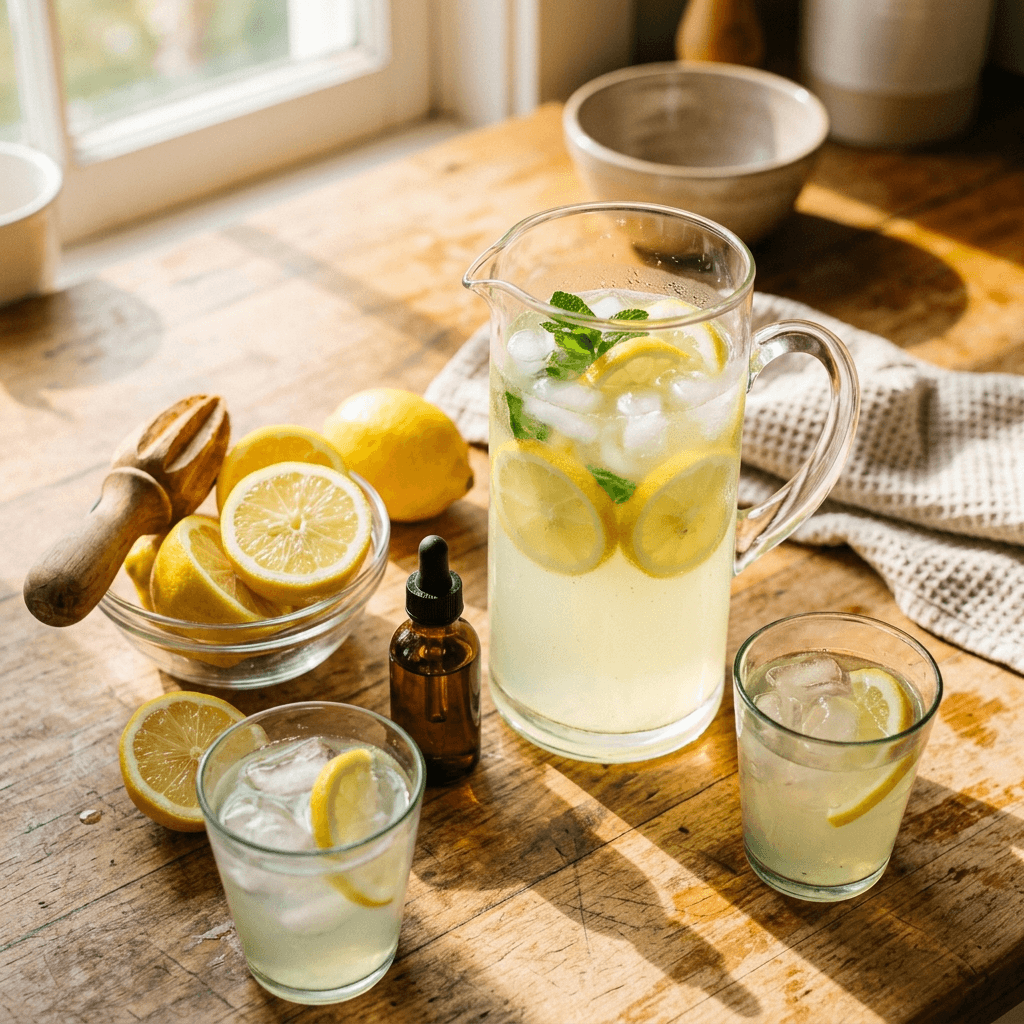 Homemade sugar-free lemonade in a glass pitcher beside a bottle of SweetLeaf Sweet Drops Lemon Drop liquid stevia on a sunlit kitchen counter
