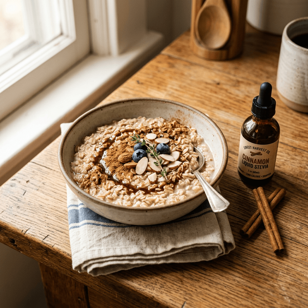 SweetLeaf Sweet Drops Cinnamon bottle beside a warm bowl of cinnamon-spiced oatmeal on a sunlit wooden kitchen counter