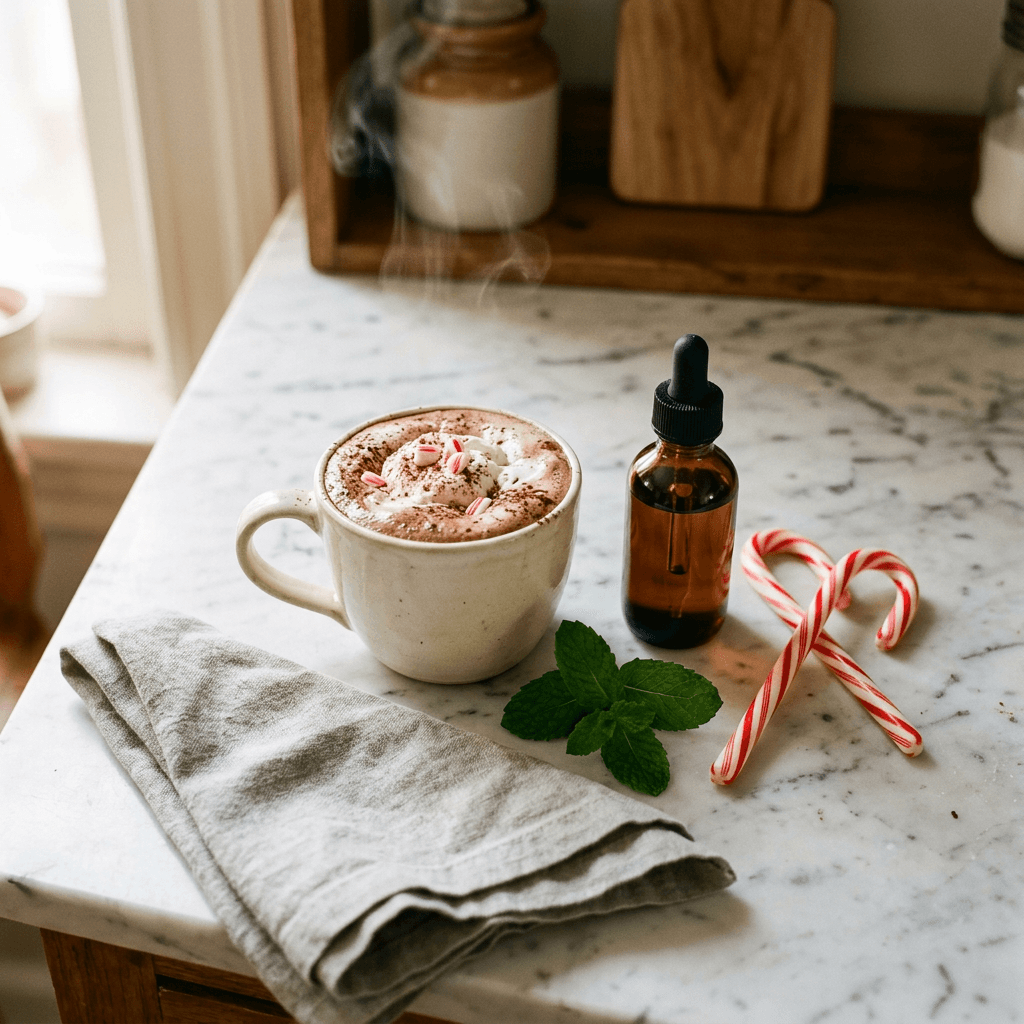 SweetLeaf Sweet Drops Peppermint bottle next to a steaming mug of peppermint hot cocoa with candy canes and fresh mint on a marble kitchen counter