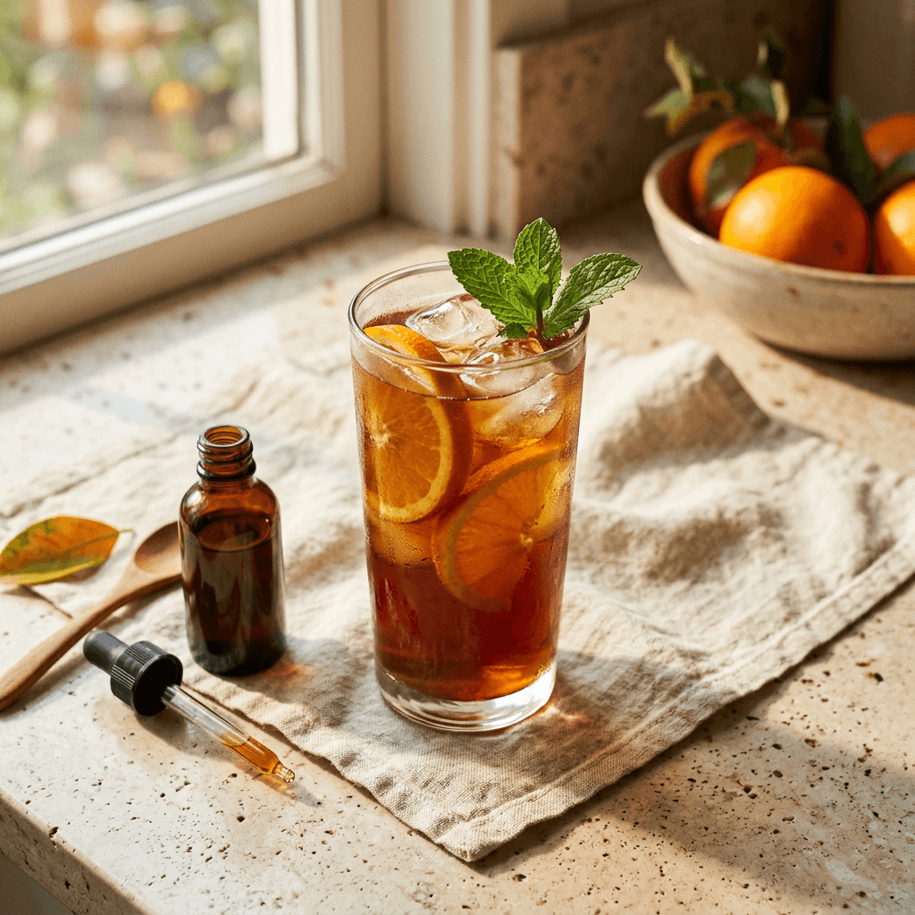 SweetLeaf Sweet Drops Valencia Orange bottle beside iced black tea and halved valencia oranges on a sunlit kitchen counter