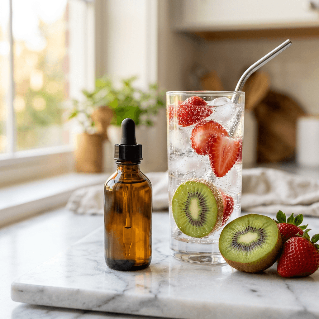 SweetLeaf Sweet Drops Strawberry Kiwi 2 oz dropper bottle on a marble counter next to sparkling water with fresh strawberries and kiwi slices