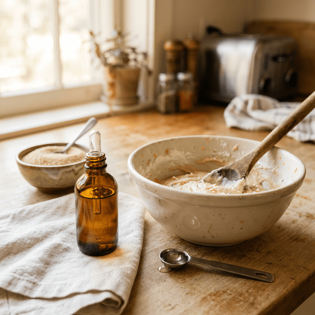 SweetLeaf SteviaClear unflavored liquid stevia bottle beside a bowl of birthday cake batter on a sunlit kitchen counter, with cane sugar pushed aside