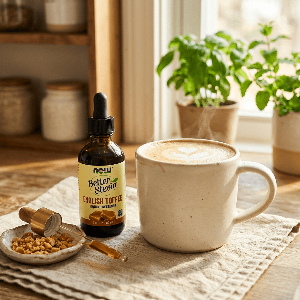 NOW Foods Better Stevia English Toffee liquid bottle beside a steaming oat-milk latte and crushed toffee pieces on a sunlit kitchen counter