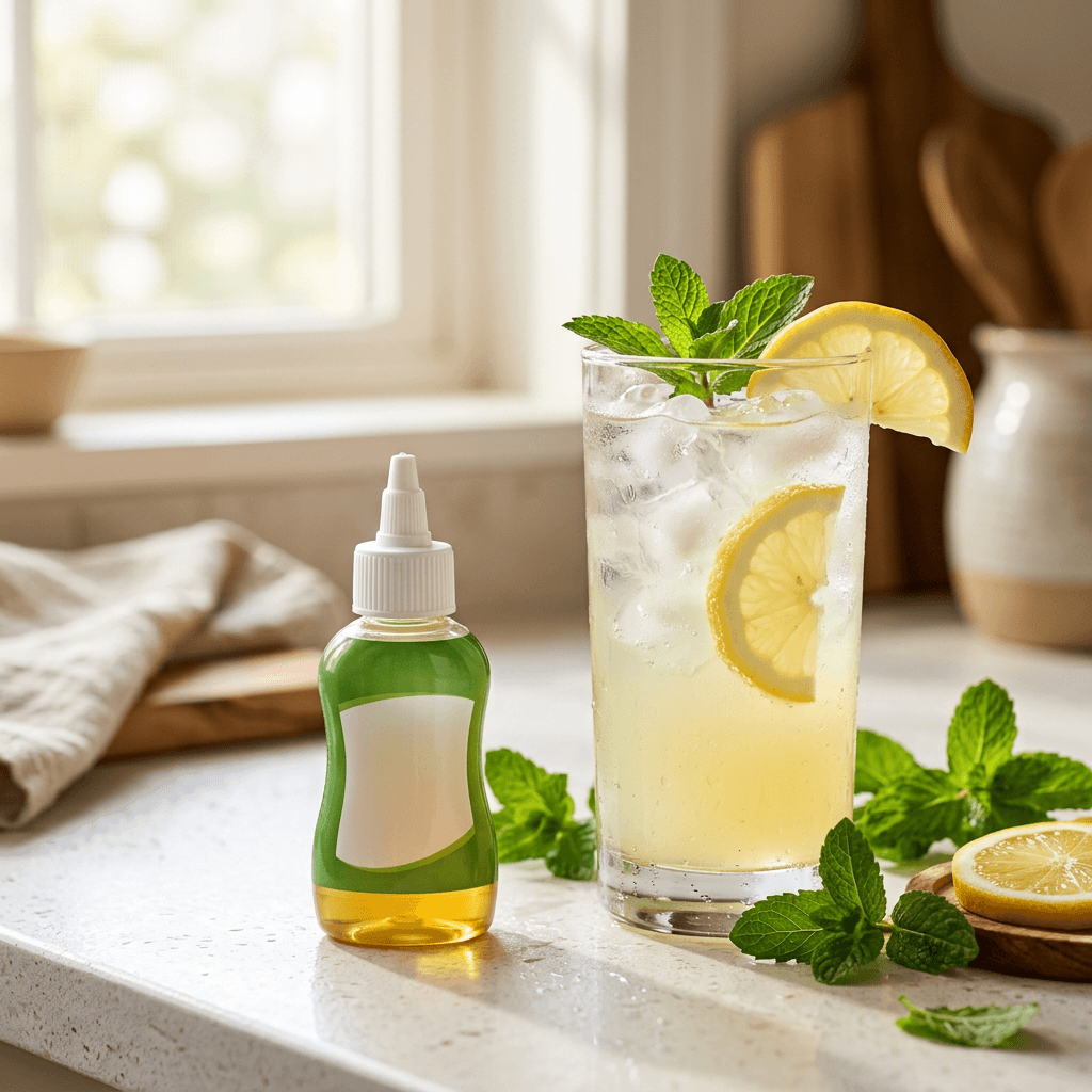 Calorie-free liquid stevia sweetener squeeze bottle on a kitchen counter beside a glass of iced lemonade