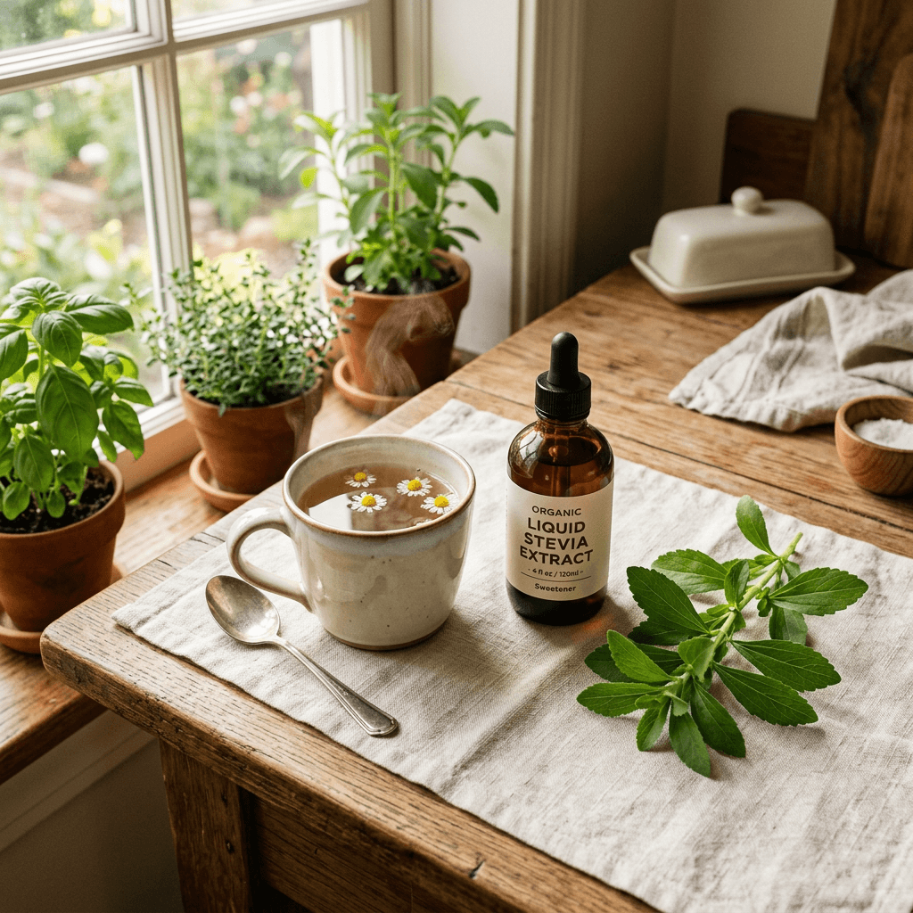 Body Ecology Stevia Liquid Concentrate amber dropper bottle beside a mug of chamomile tea on a sunlit kitchen counter
