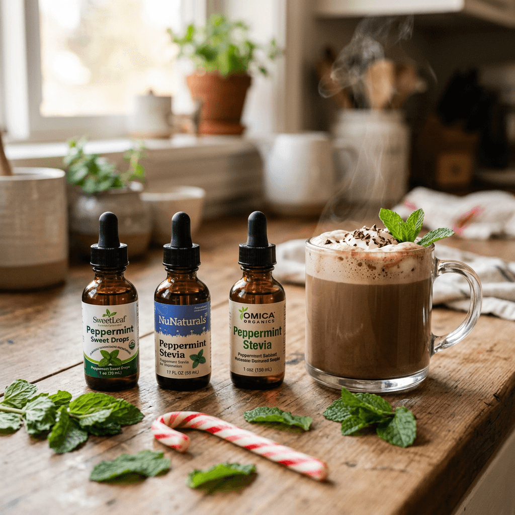 Three peppermint liquid stevia drop brands — SweetLeaf, NuNaturals, and Omica Organics — lined up beside a homemade peppermint mocha for a side-by-side taste test