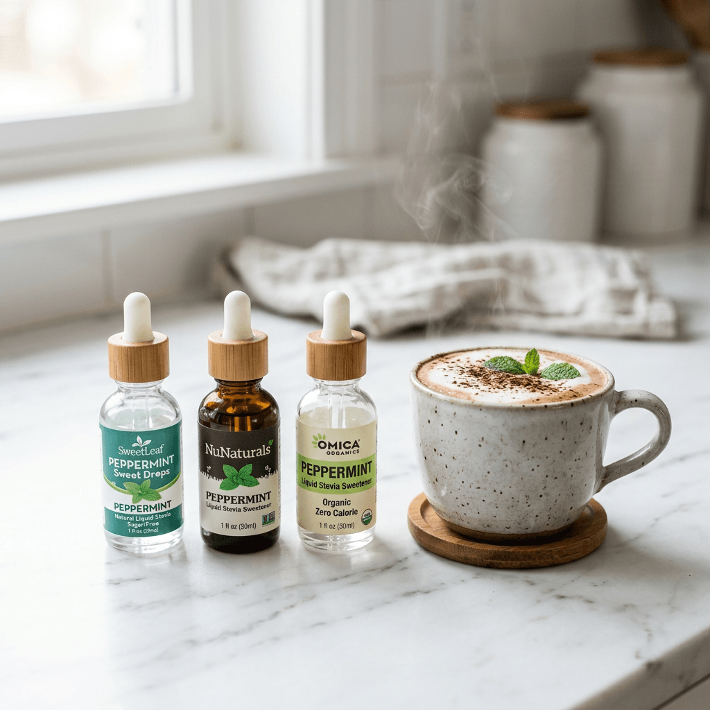 Three peppermint liquid stevia dropper bottles — SweetLeaf, NuNaturals, Omica Organics — beside a steaming peppermint mocha on a marble counter