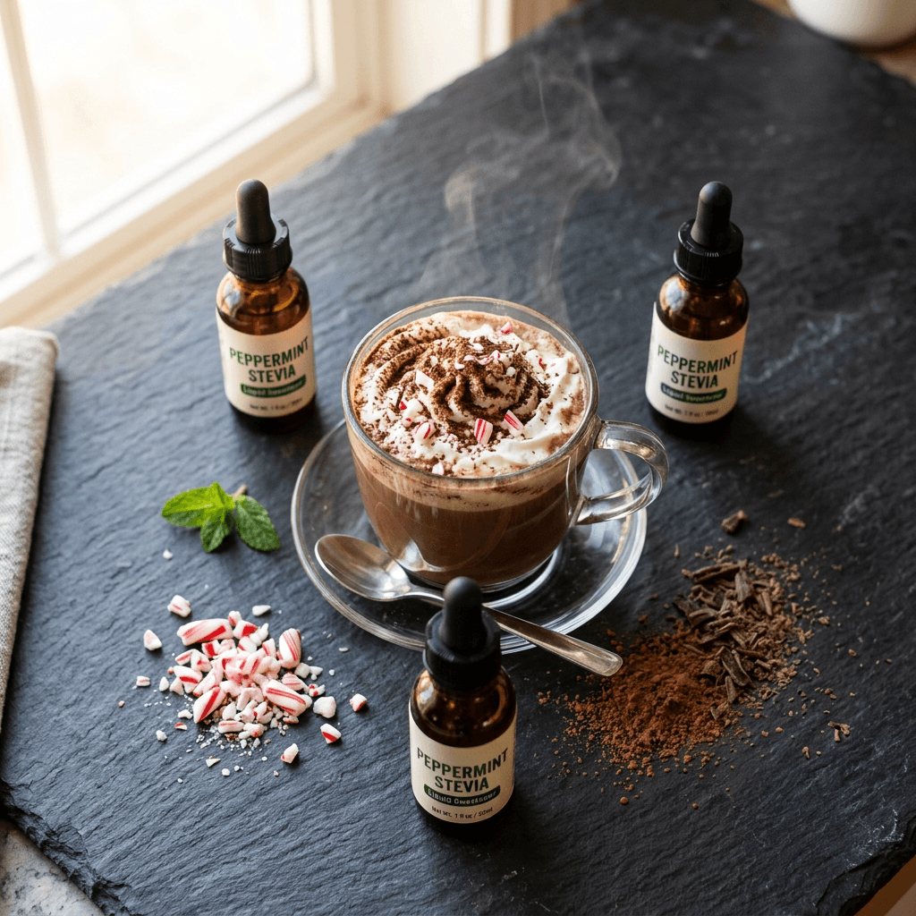 Three peppermint liquid stevia drop brands lined up next to a homemade peppermint mocha for a side-by-side taste test