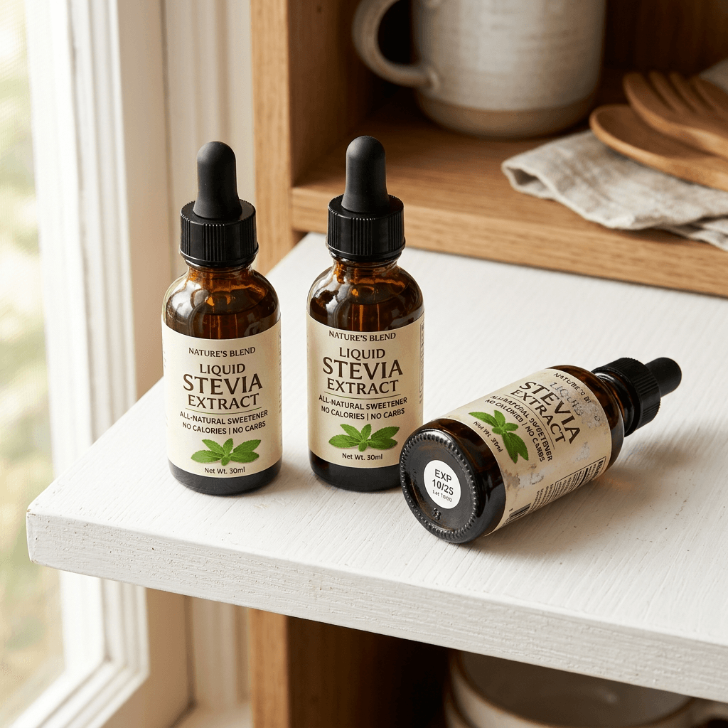 Amber dropper bottles of liquid stevia on a kitchen shelf showing expiration dates — how to tell if liquid stevia has gone bad