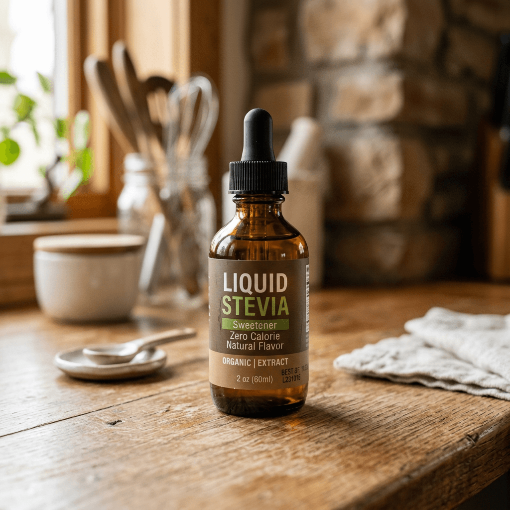 Amber dropper bottle of liquid stevia on kitchen counter with best-by date label — does liquid stevia expire or go bad?