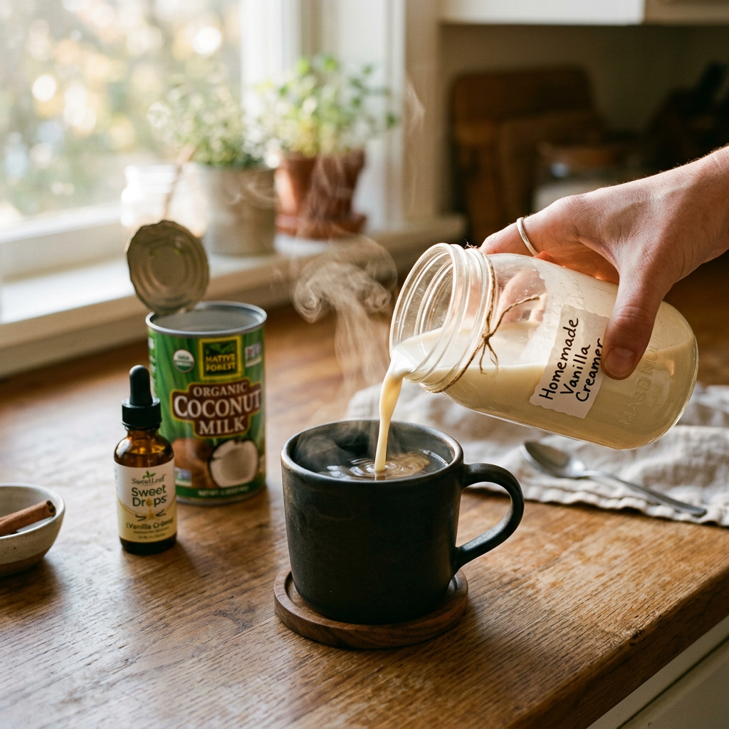 Homemade Sugar-Free Vanilla Coffee Creamer with Liquid Stevia — lifestyle