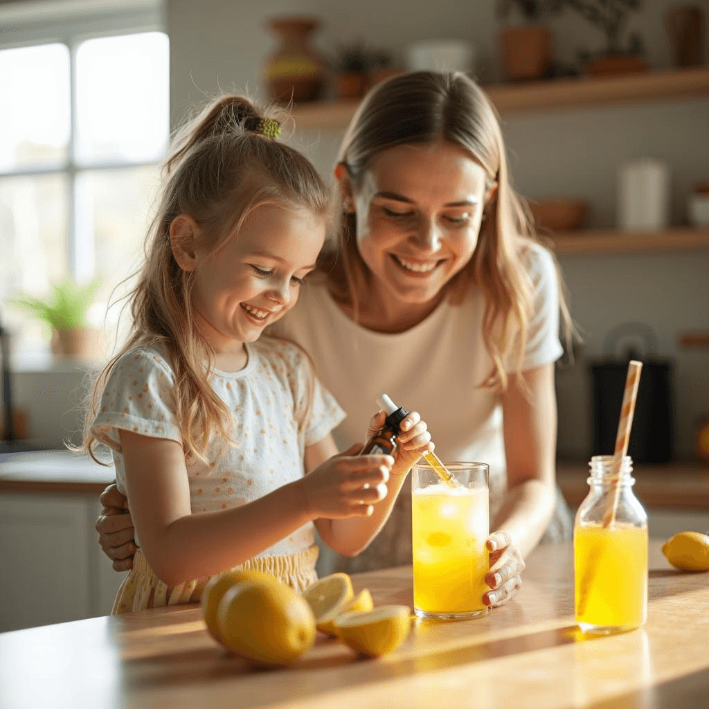 Mother and daughter using liquid stevia drops to sweeten homemade lemonade in a bright home kitchen