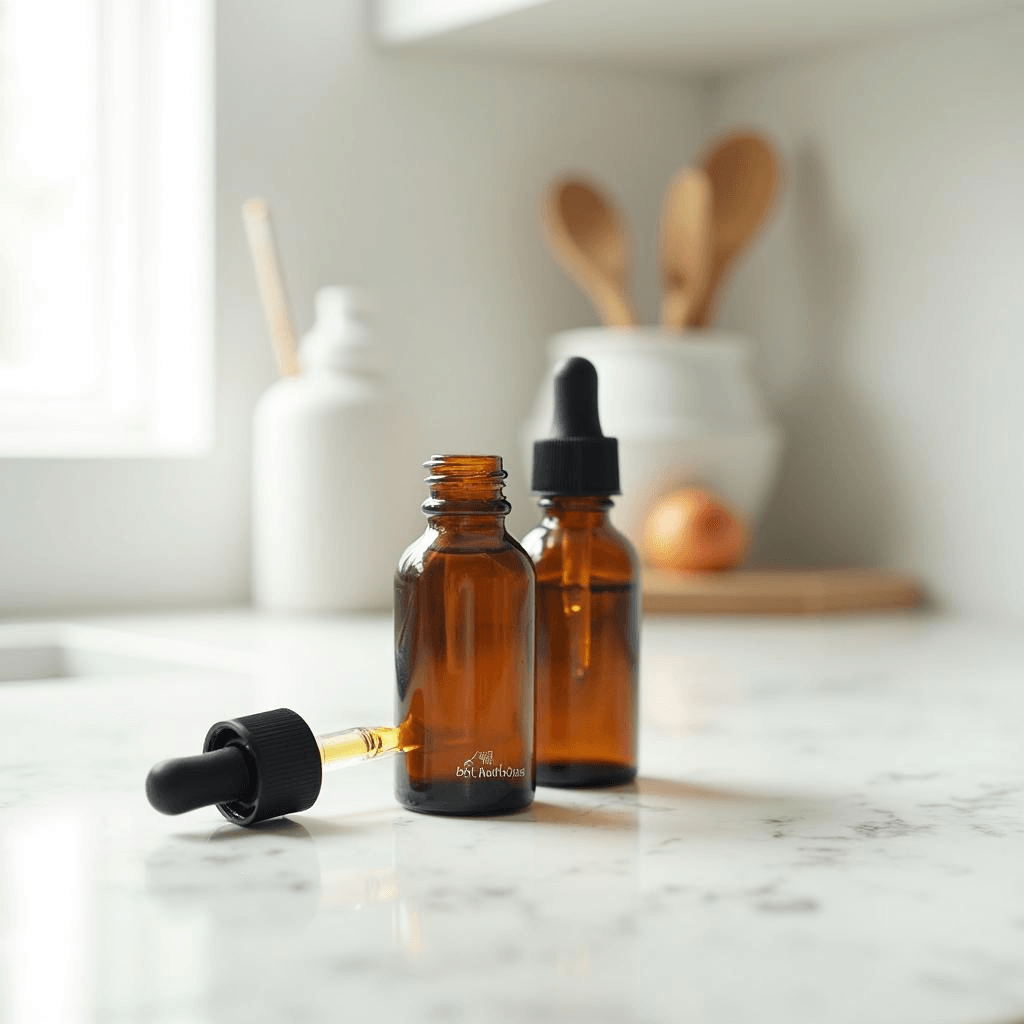 Three amber liquid stevia dropper bottles on marble countertop, one showing an expired best-by date label — illustrating how to assess whether liquid stevia has gone bad