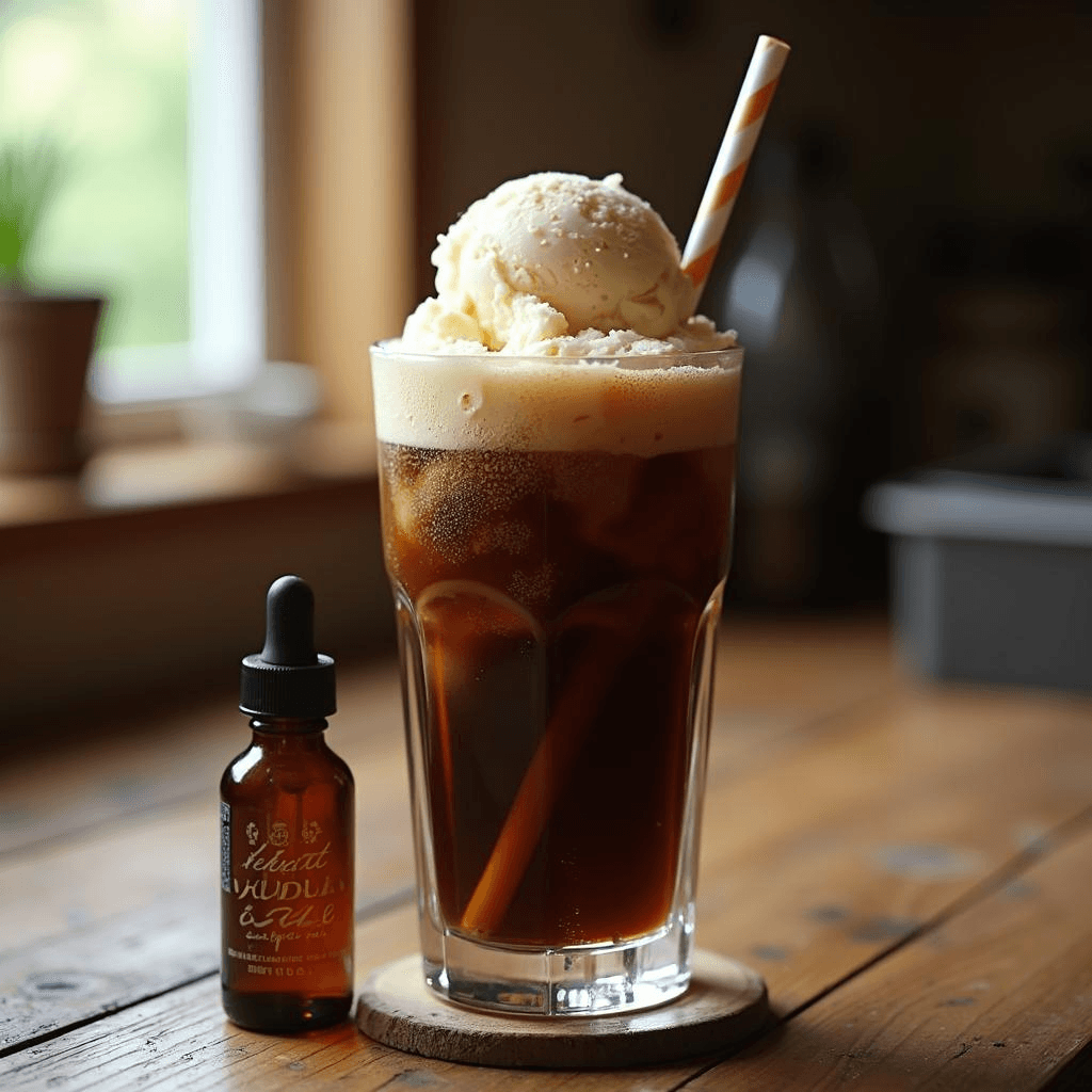Homemade sugar-free root beer float mocktail made with SweetLeaf Root Beer stevia drops and sparkling water, topped with vanilla ice cream