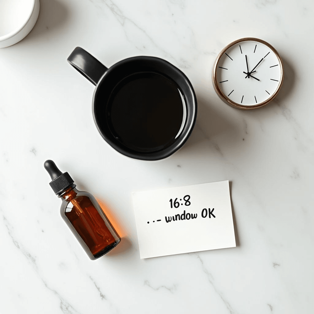 Liquid stevia drops beside black coffee and a fasting window clock — does liquid stevia break a fast?
