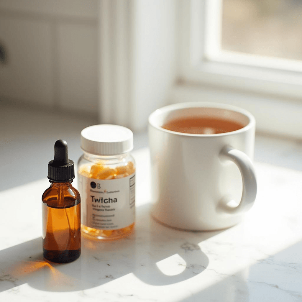 Liquid stevia drops beside prenatal vitamins and herbal tea — FDA GRAS-approved natural sweetener considered safe during pregnancy