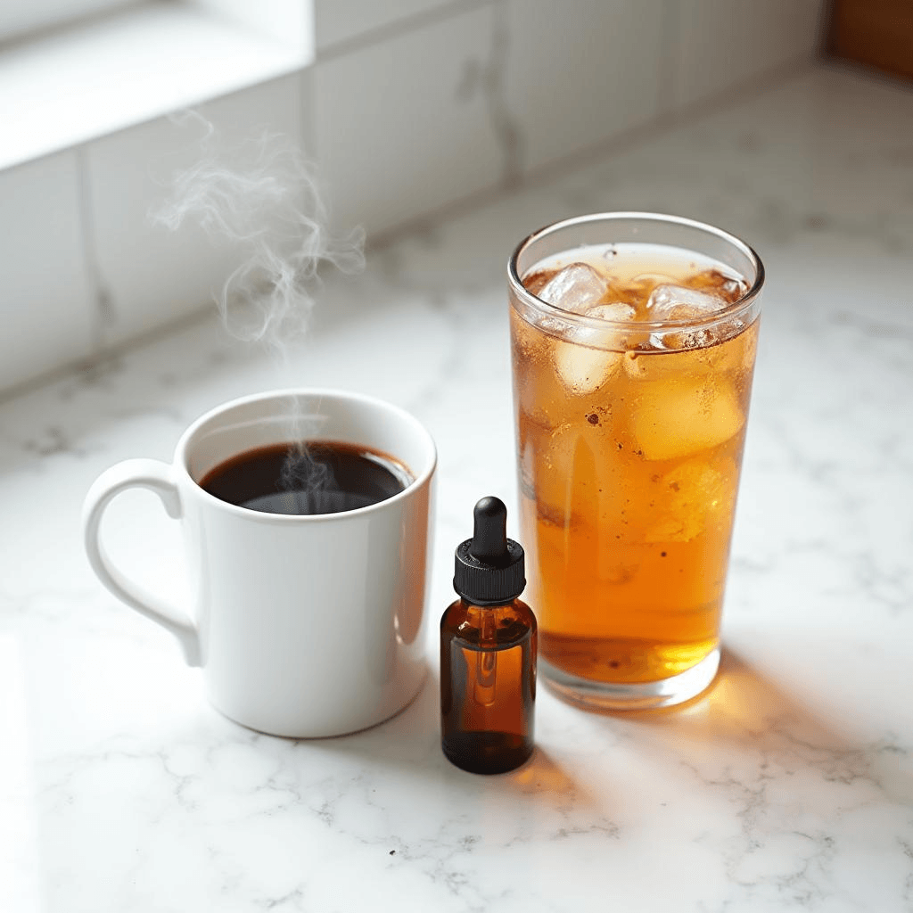 Side-by-side comparison of liquid stevia drops used in a hot coffee mug versus a cold iced tea glass on a marble counter