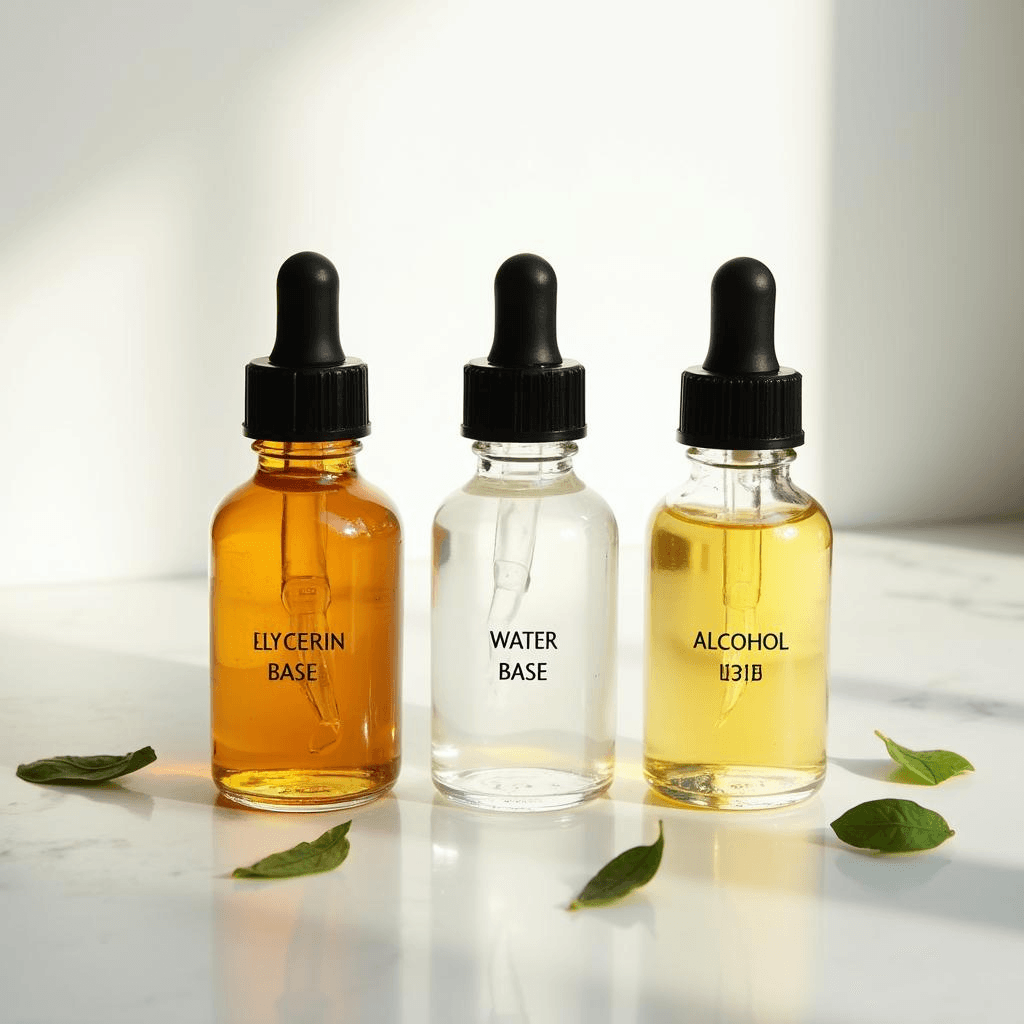 Three liquid stevia dropper bottles showing glycerin, water, and alcohol carrier options side by side on a marble kitchen counter