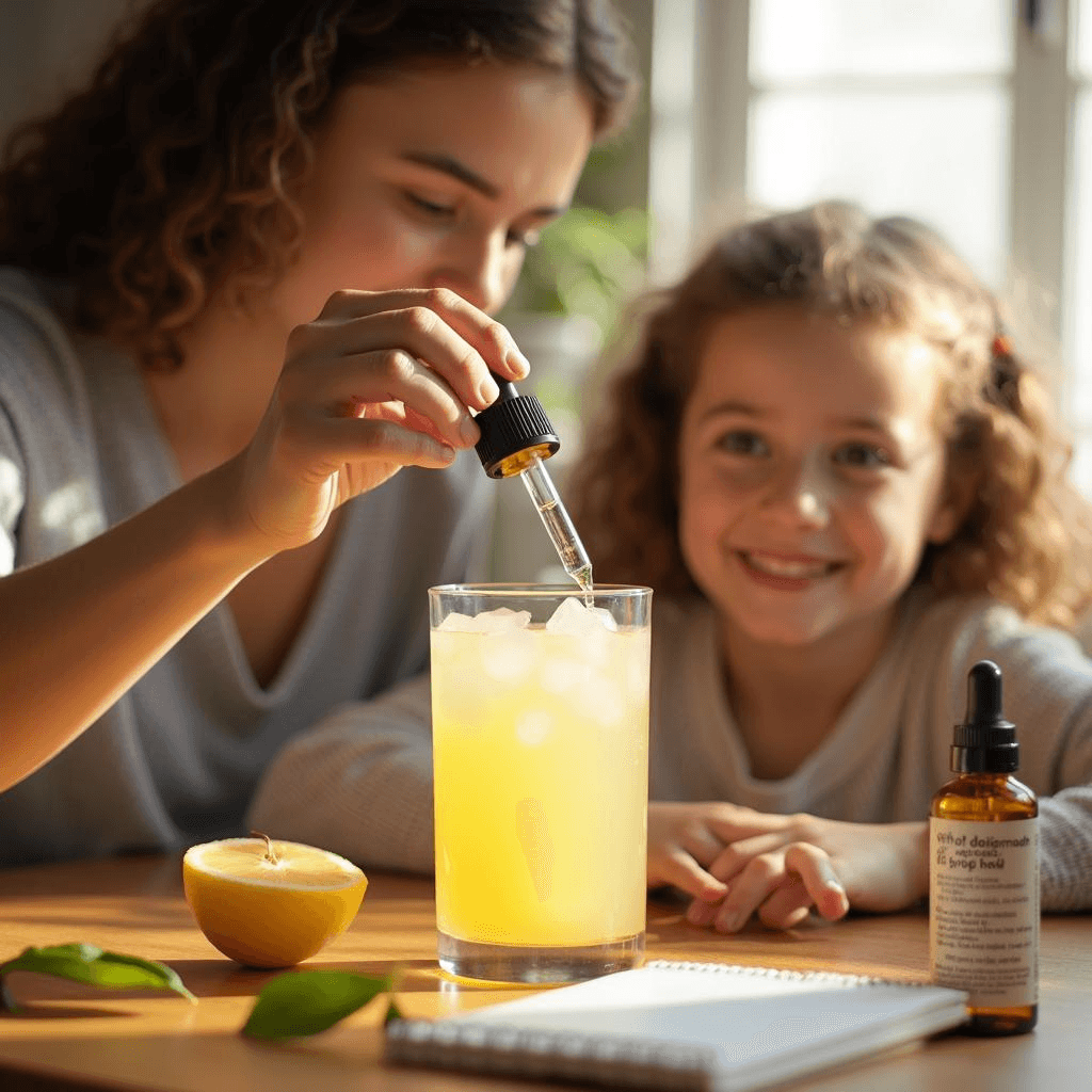 Mother adding liquid stevia drops to her daughter's lemonade in a bright kitchen — safe, age-appropriate sweetening at home