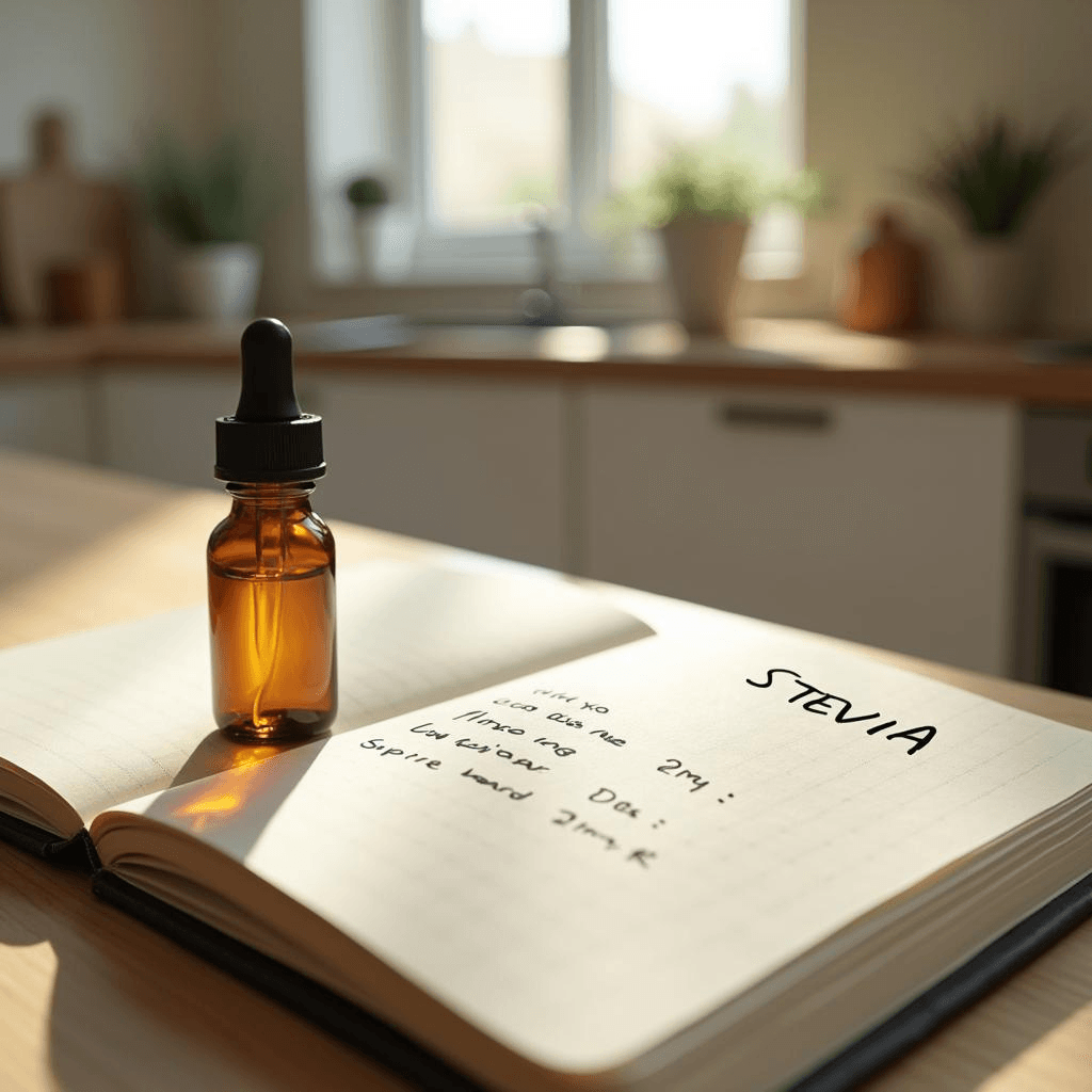 Amber dropper bottle of liquid stevia drops next to a glucose log showing stable blood sugar readings