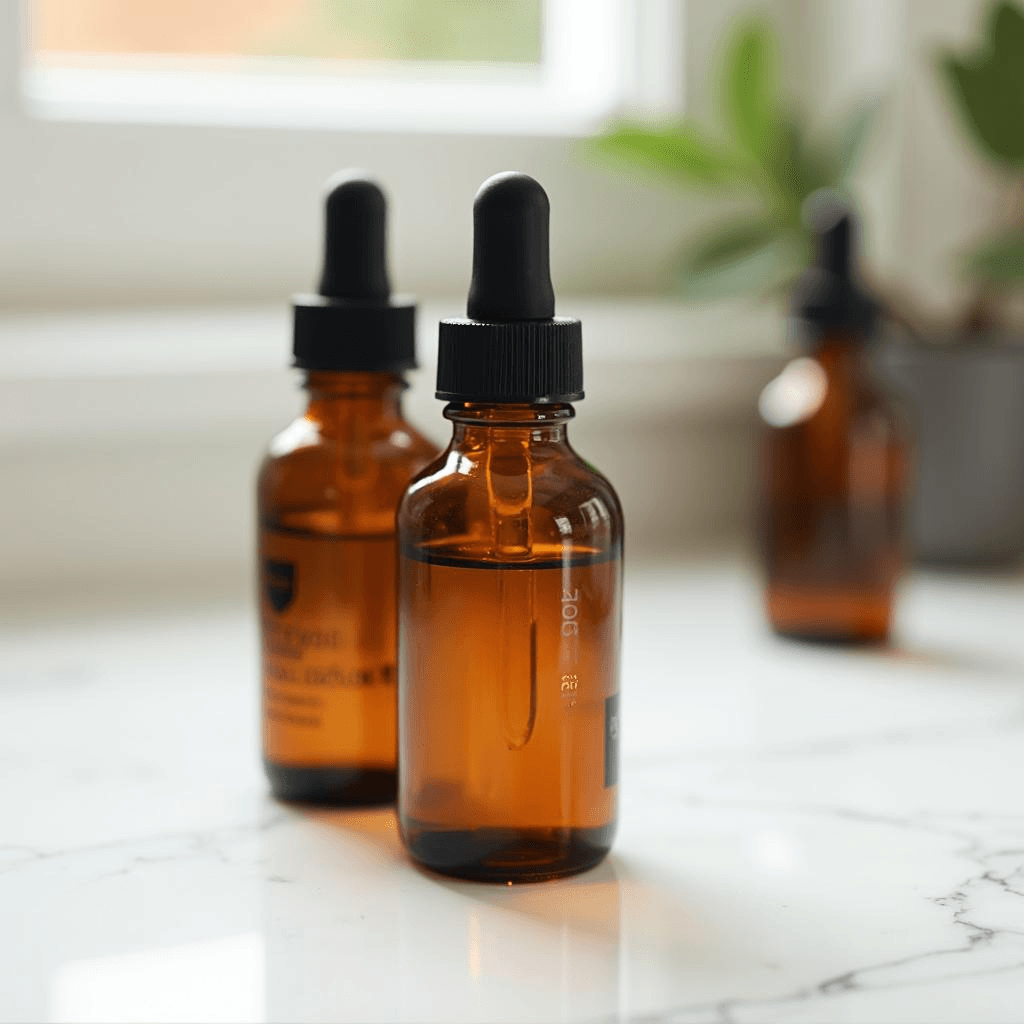Three amber liquid stevia dropper bottles on marble counter showing expiration date label — testing if liquid stevia goes bad