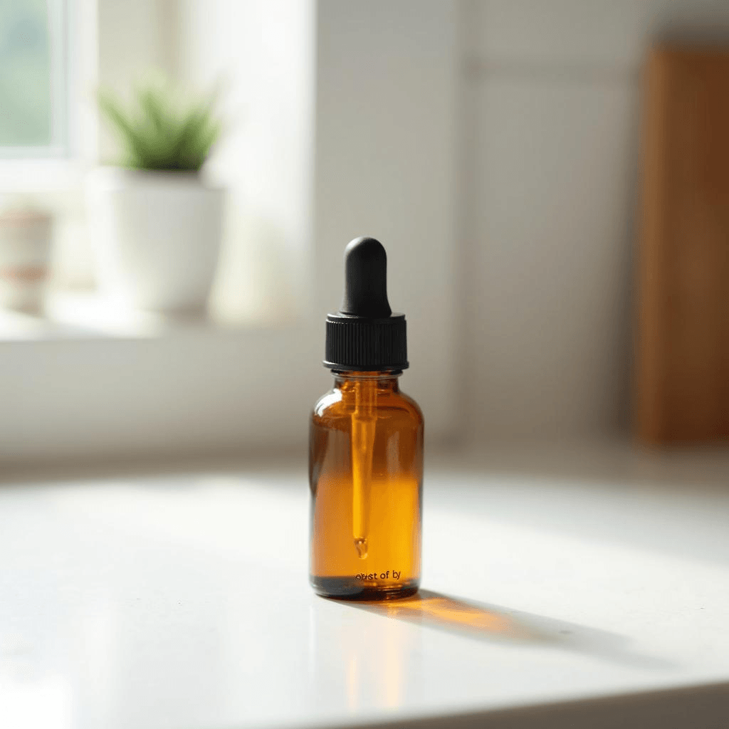 Amber dropper bottle of liquid stevia with best-by date visible on bottom, photographed on kitchen counter in natural light