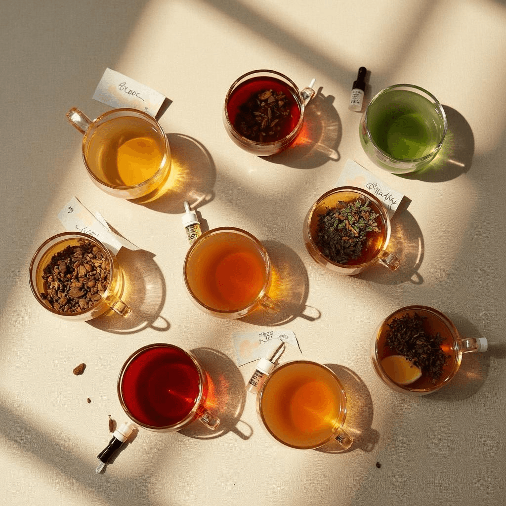 Eight teas paired with matching flavored liquid stevia drops — a flat-lay guide to stevia flavor pairings for every tea style