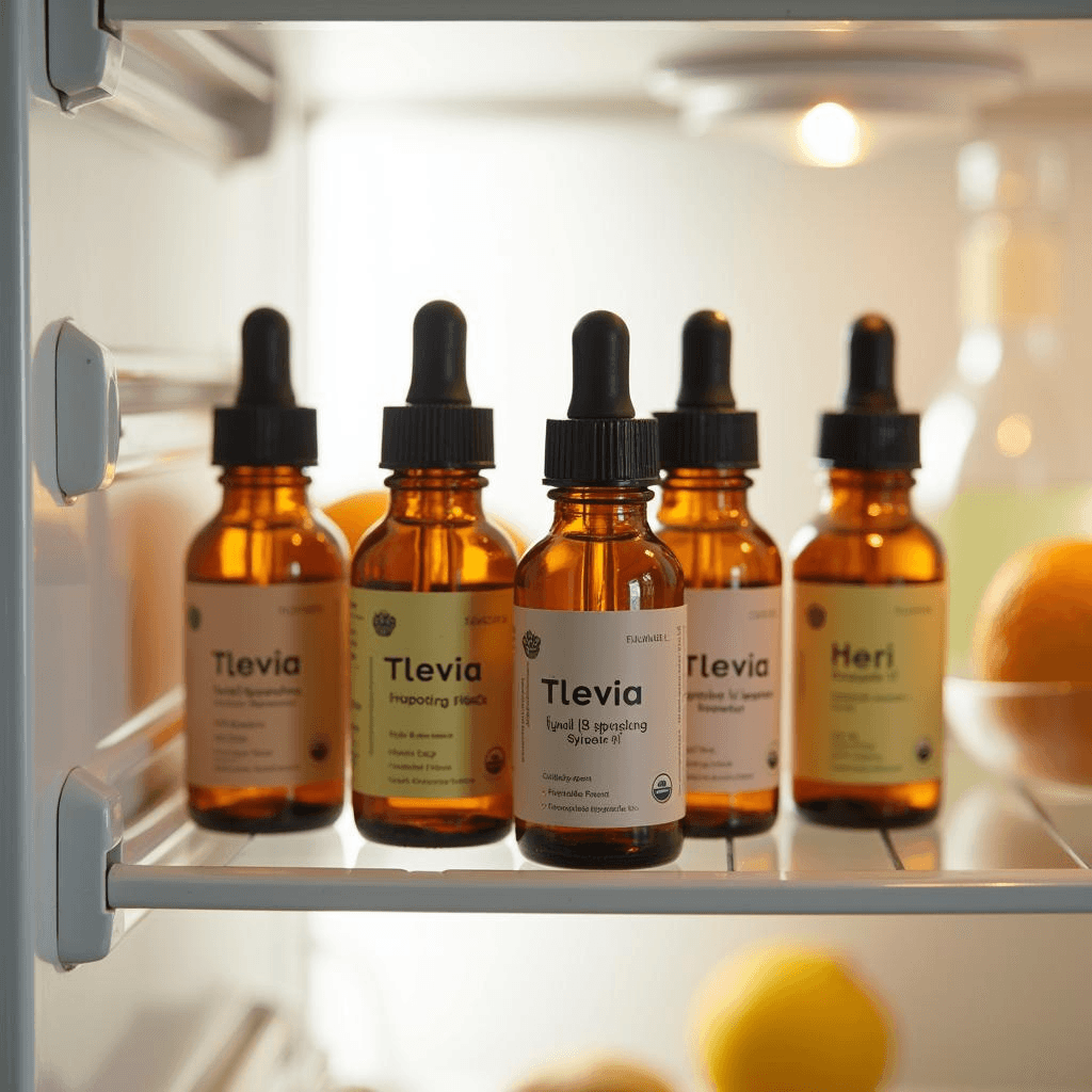 Six liquid stevia dropper bottles lined up in a refrigerator door shelf — the author's curated everyday lineup