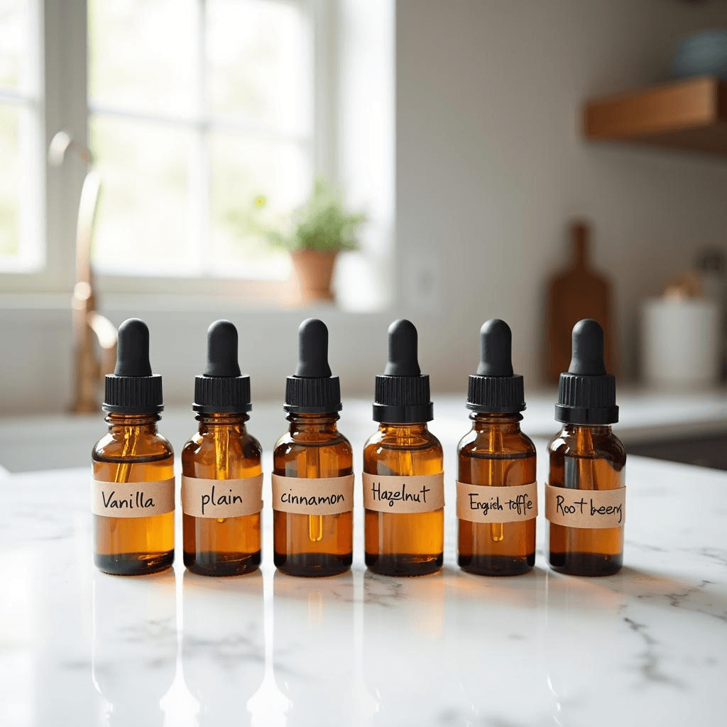 Six liquid stevia drop bottles arranged on a kitchen counter showing the best varieties to keep on hand for everyday use