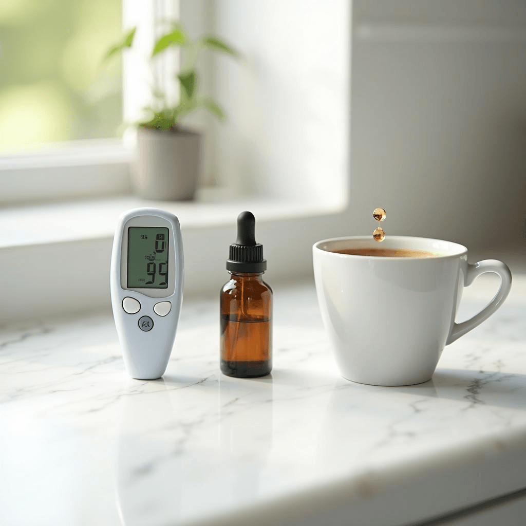 Blood glucose meter showing normal reading next to liquid stevia drops — stevia and blood sugar science